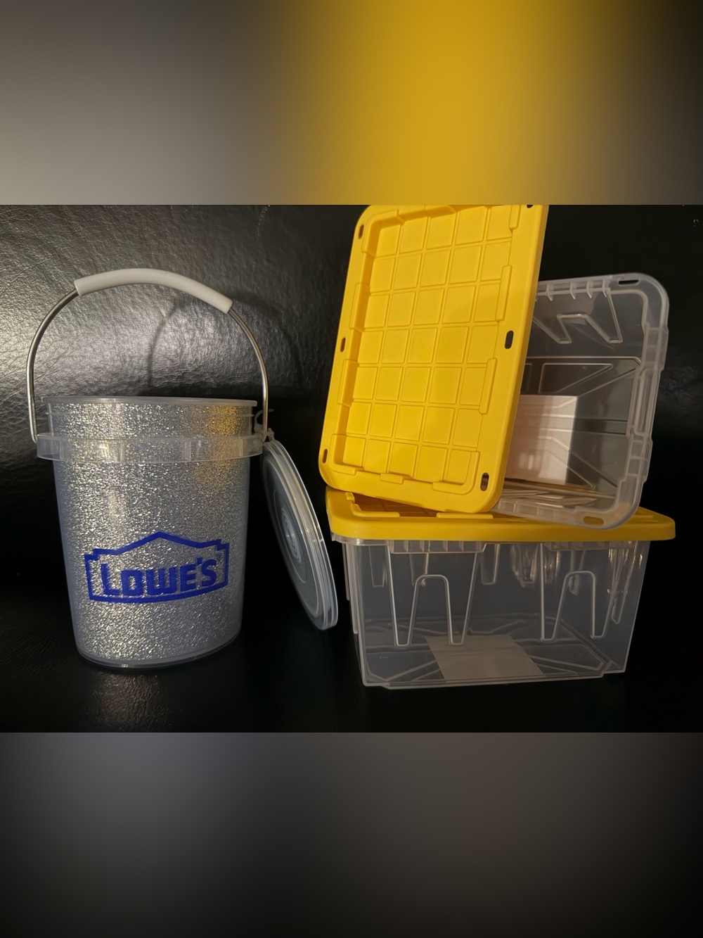 Lowes Teeny Tote tiny mini miniature clear bin AND silver glitter mini bucket